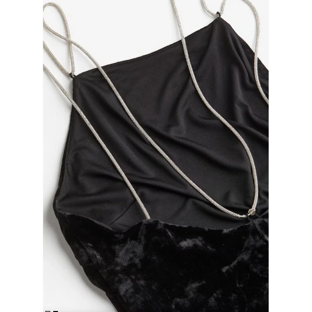 H&M Black Velour Rhinestone Strap Midi Dress Open Back Formal Cocktail M - Picture 3 of 14